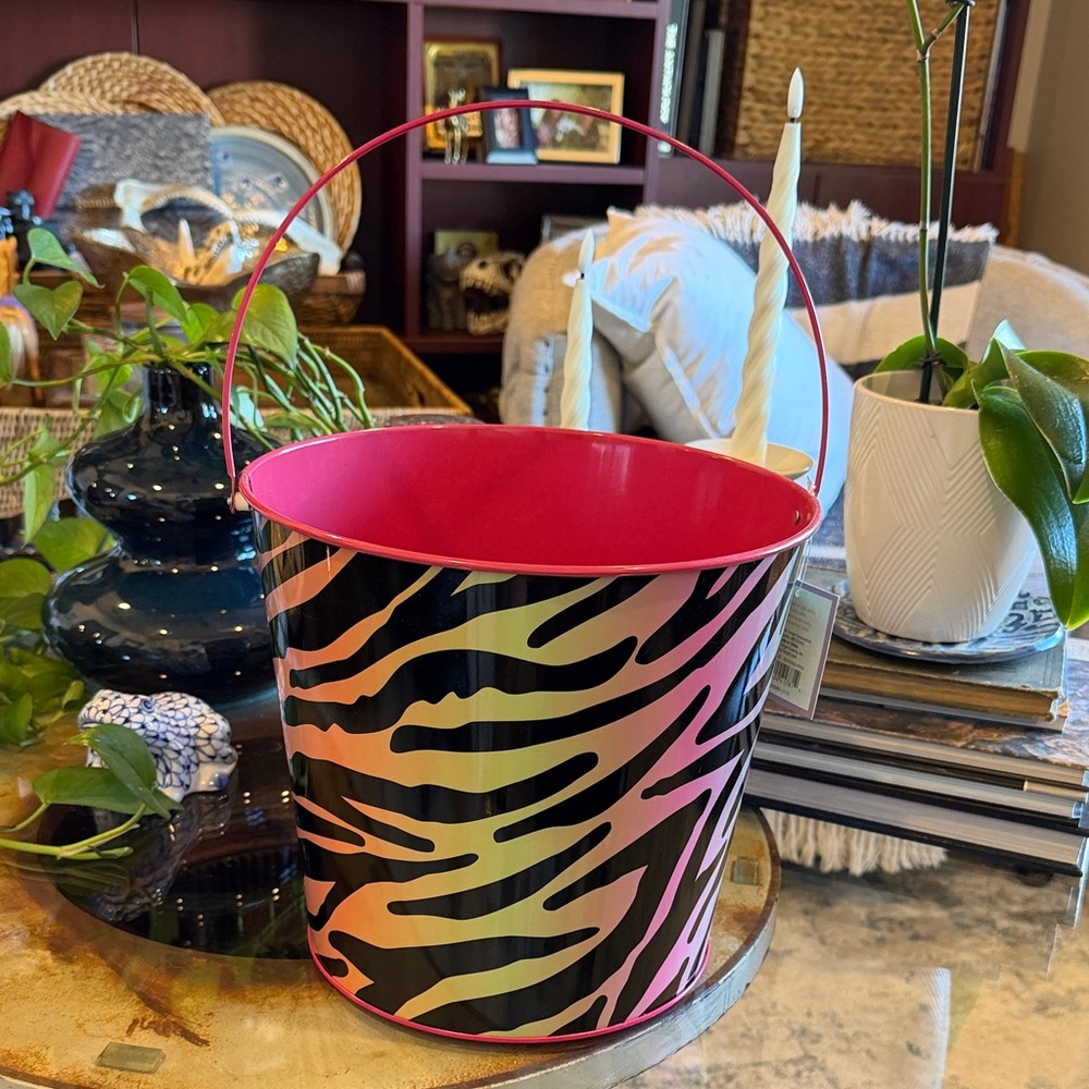 Zebra Print Metal Bucket Easter pail New XL